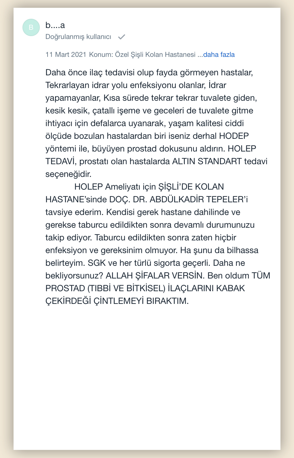 hasta yorumları | Ürolife | Holep | Dr Kadir Tepeler Hakkında